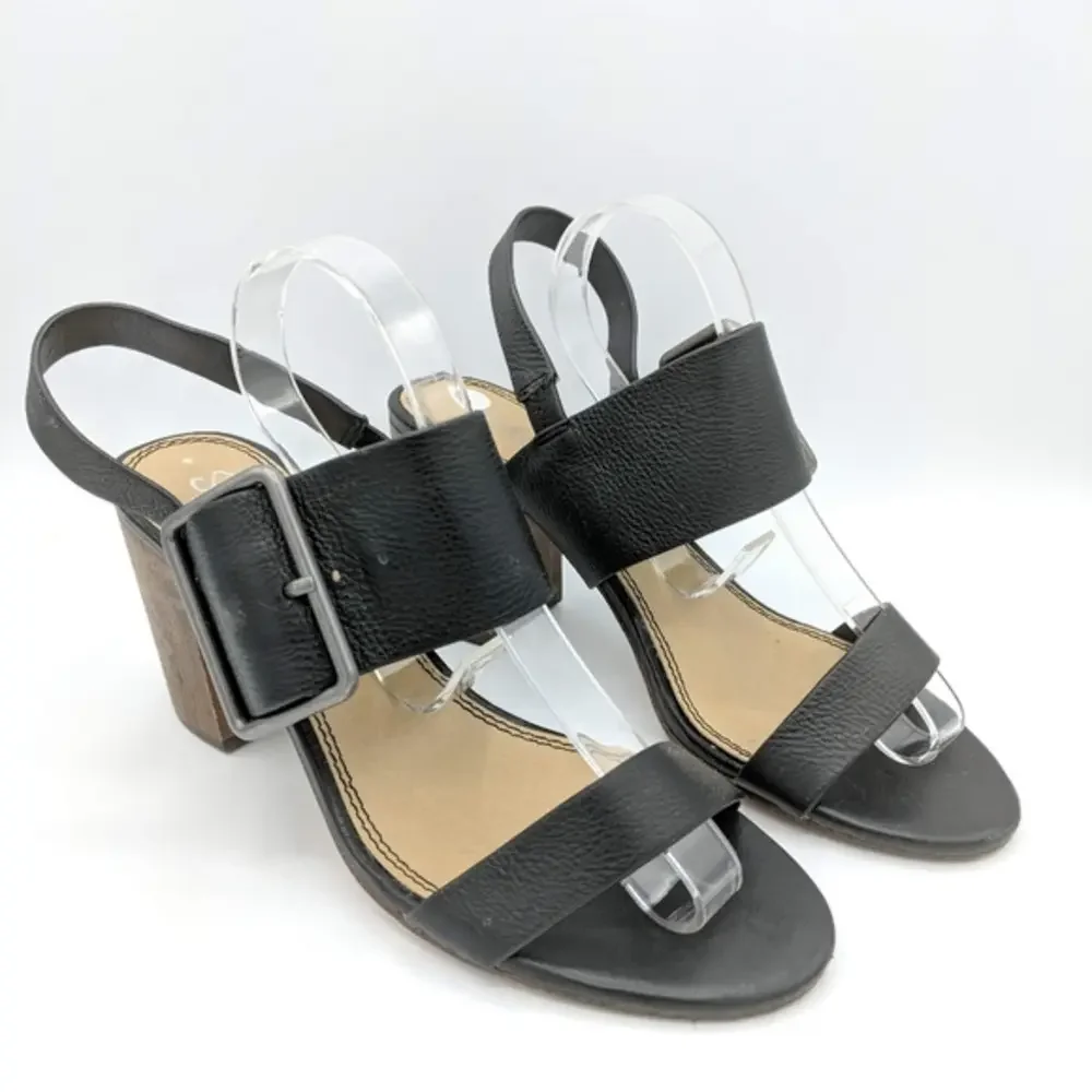 Splendid Womens Size 8 Black Wood‎ Heels Buckle Vacation Open Toe Slingback